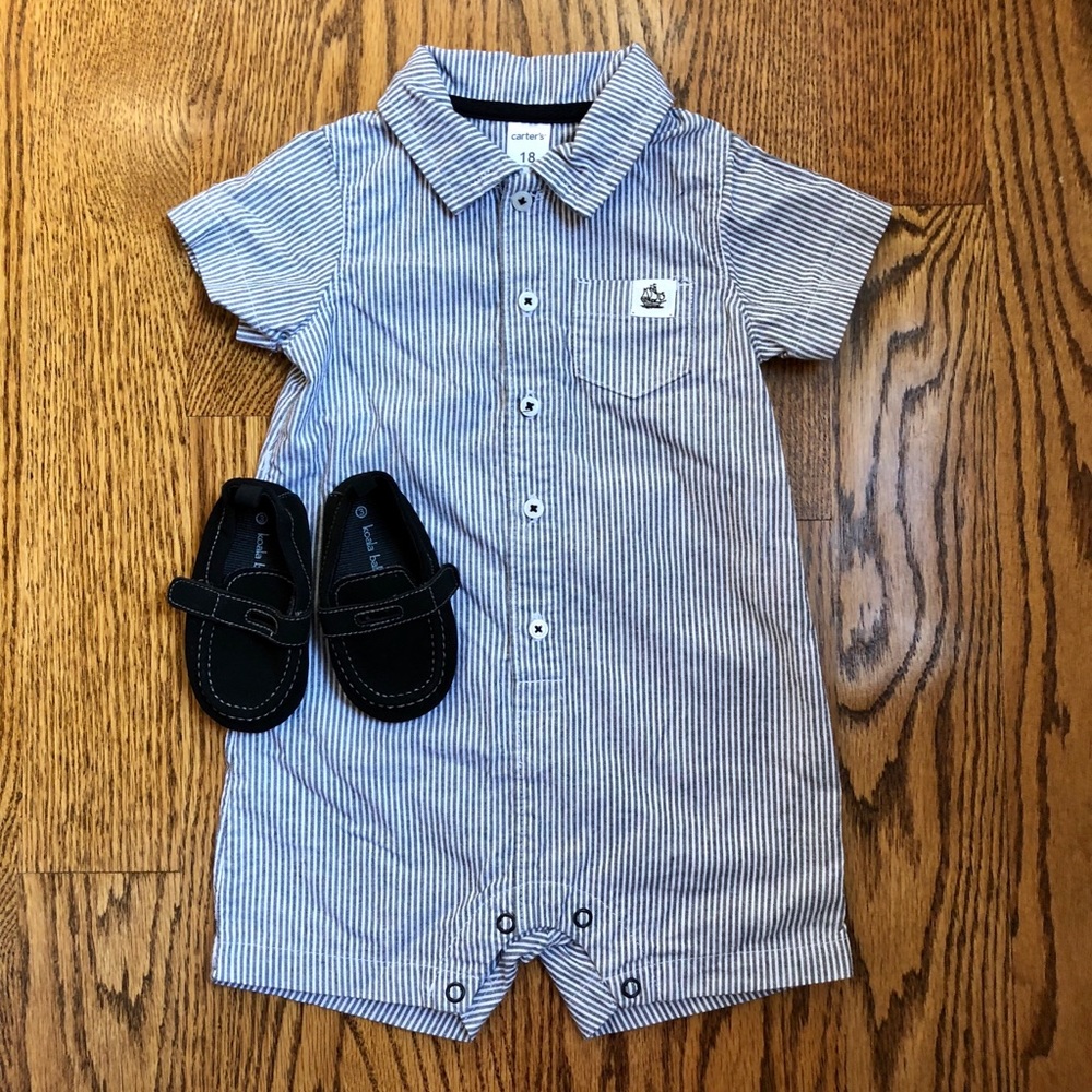 Striped romper one piece and loafers